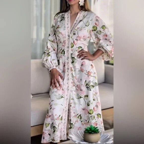 NWT CAROLINE CONSTAS LINEN LONG SLEEVE DRESS, SMALL - Picture 1 of 9